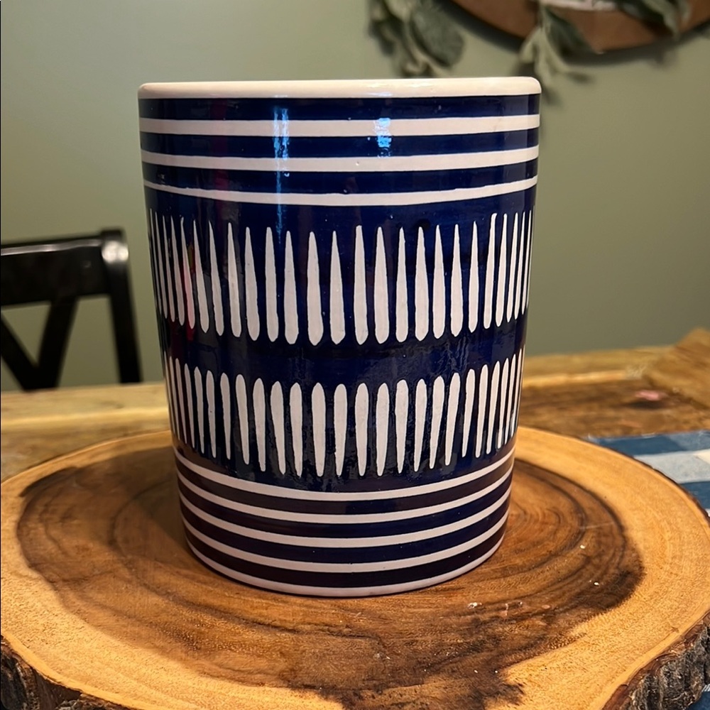 Blue and white canister